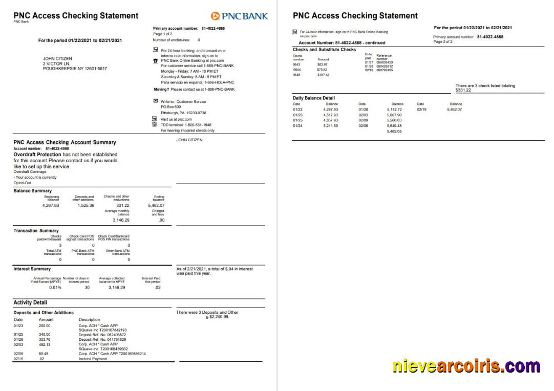 USA PNC bank statement, Word and PDF, 2 pages